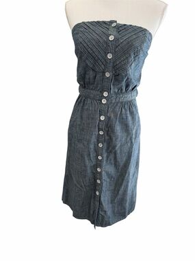 Seven7 Strapless Chambray Button-Front Dress in Blue